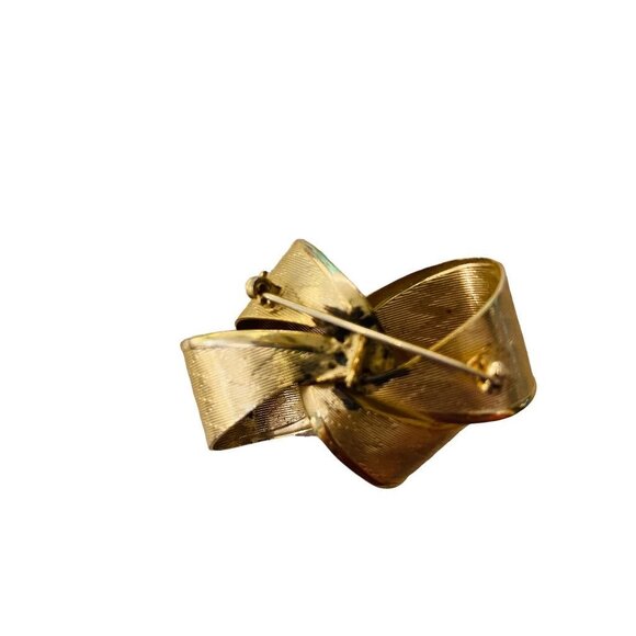 Goldtone Bow Textured Chevron Texture Brooch Pin Dimensional 1.8" - Picture 8 of 14